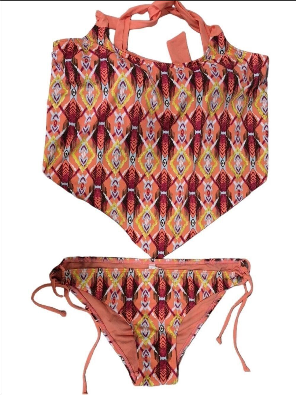 La Vie En Rose Aqua Halter Handkerchief Tankini Bikini Set Peach Print - Size M